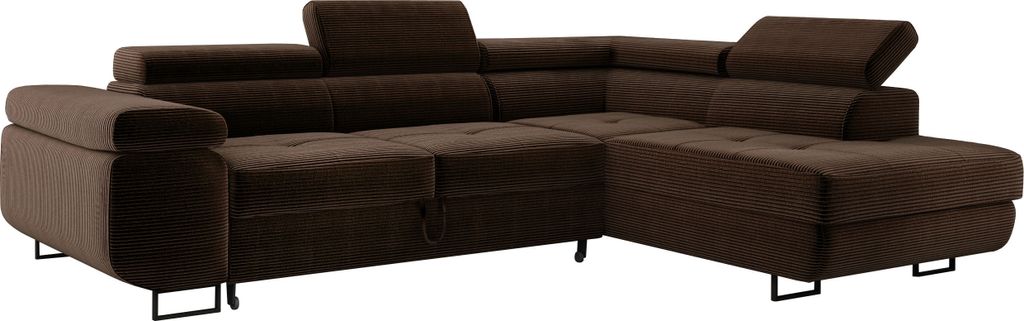 Ecksofa MONTANA mit einstellbare Kopfstützen, Eckcouch mit Schlaffunktion und Bettkasten, Sofa Cord, Polsterecke, Wohnlandschaft Rechts Braun PS06