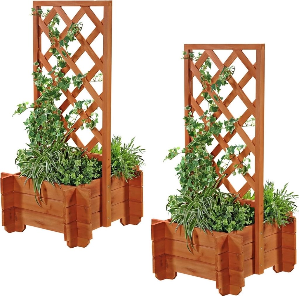 Mucola Pflanzkübel mit Rankgitter Pflanzkasten mit Spalier Rankhilfe Blumenkübel Holz Rankgestell Pergola Garten Kletterhilfe - Braun2er Set