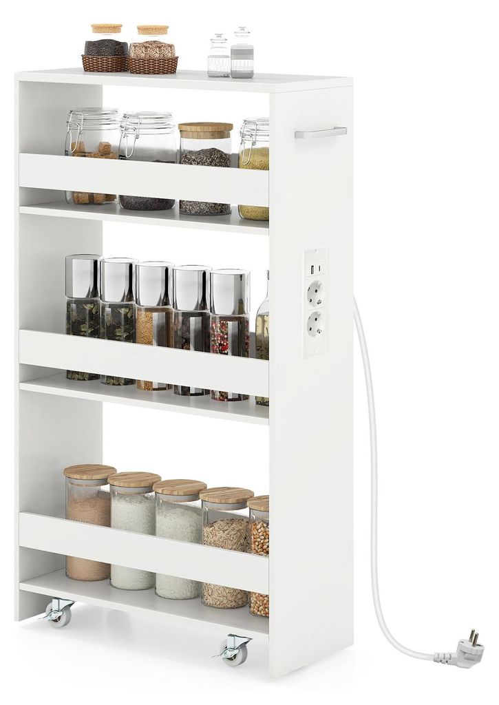 COSTWAY Nischenwagen 20cm, 4 Etagen Küchenwagen schmal mit Ladestation, Nischenregal, Servierwagen mit Griff & Geländern, Badregal Holz, Weiß