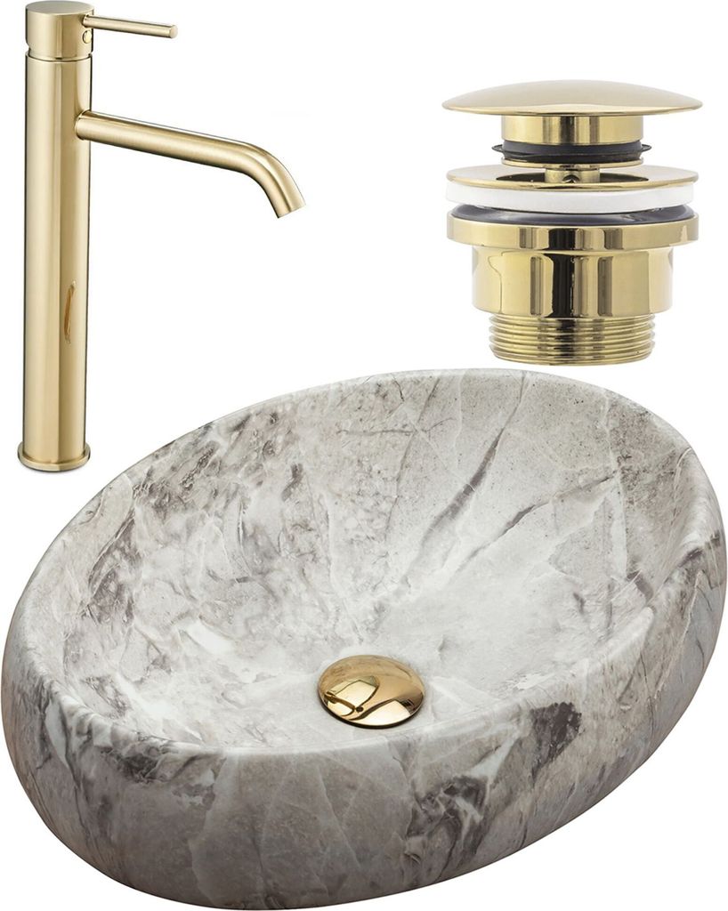 A bathroom sink set including a basin, faucet, and drain assembly, displayed against a white background.