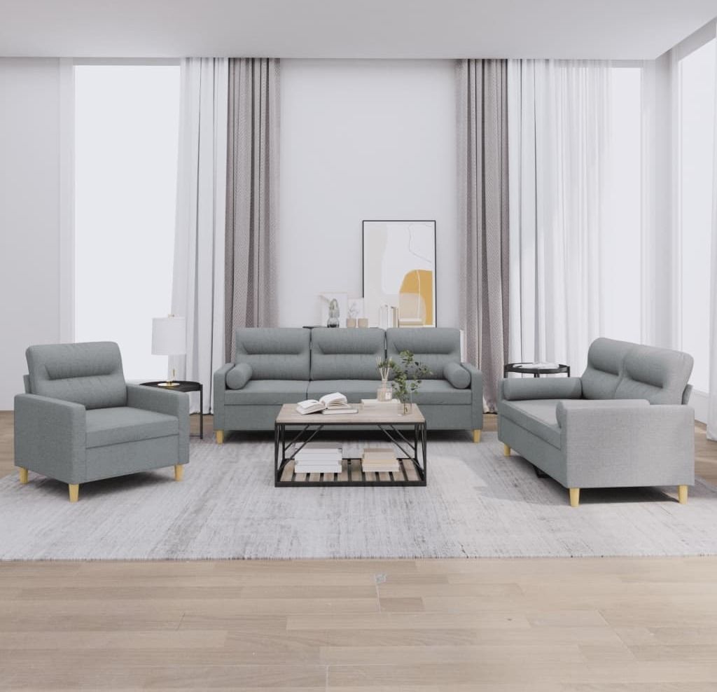 Cloris Designermöbel 3-tlg. Sofagarnitur mit Kissen Hellgrau Stoff 2024 Neu