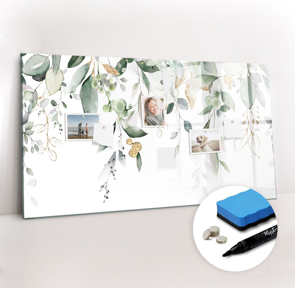 Magnetpinnwand Memoboard - Zubehörsatz - Schwarzer Marker + Schwamm + Magnete - 120 x 60 cm - Blätter der Pflanzennatur