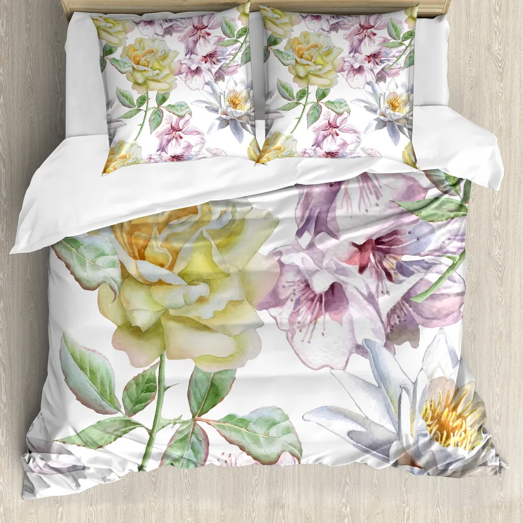 ABAKUHAUS Copripiumino con fiori, petali di rosa Sakura Lily, antiacaro, adatto a chi soffre di allergie, con federe, 155 cm x 220 cm - 80 x 80 cm, verde felce rosa chiaro