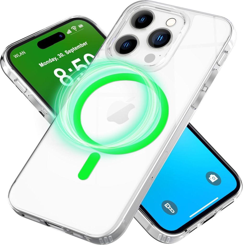 NALIA Neon-Ring Case für iPhone 16 Pro – MagSafe Kompatibel & Nachleuchtend – NIGHT-GLOW (Transparent & Anti-Gelb) – Marke aus Berlin – Grün