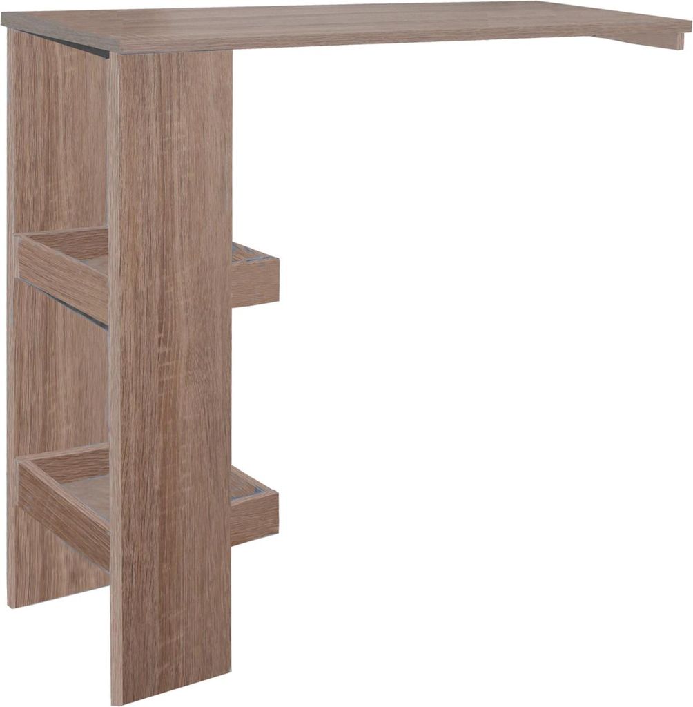 A modern bar table with storage, shown from a side angle against a white background.