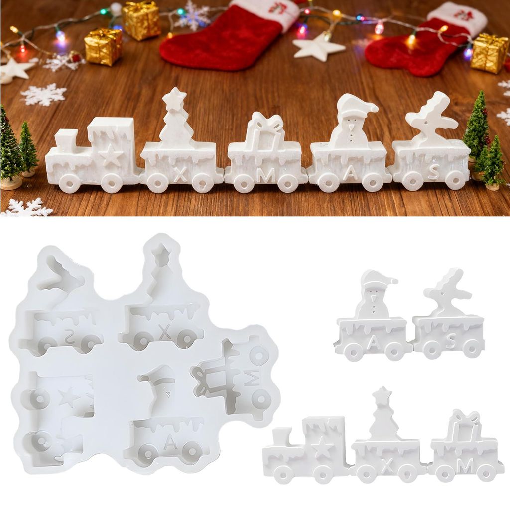 5 Silikonformen, Gussformen, Zug, 3D-Silikonform für Tiere, Elch, Weihnachtsbaumform, Schneemannform für Bastelarbeiten, Gips, Kunsthandwerk