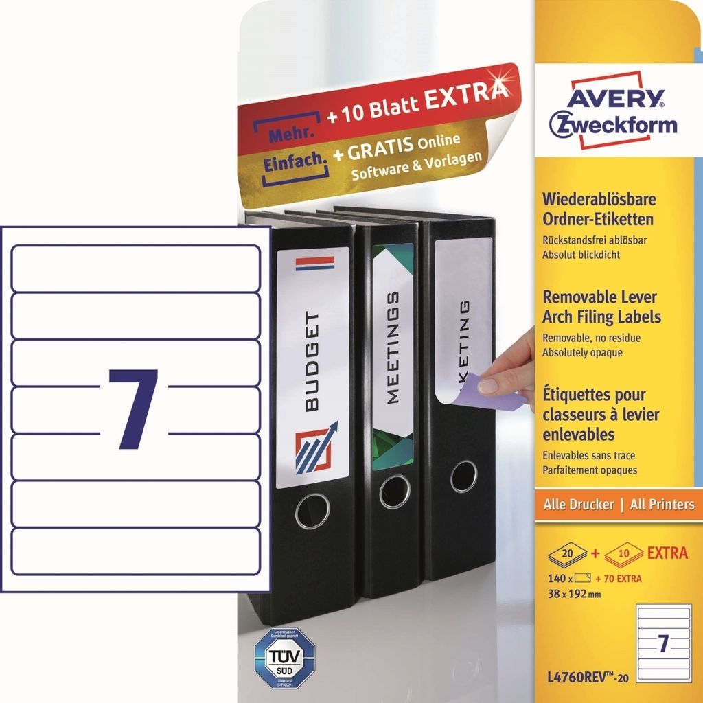 Ordner-Etiketten ablösbar 192x38 mm VE=30x210 Stück weiß