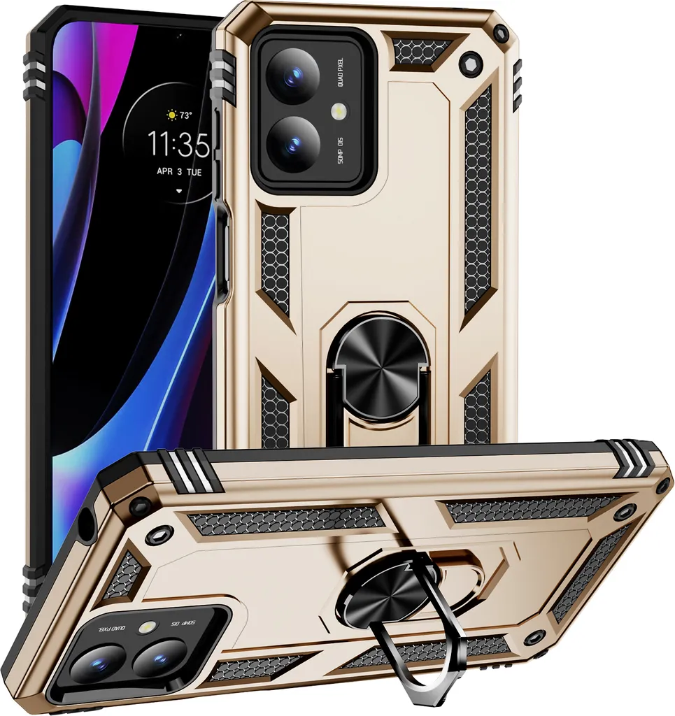Custodia Armatura Moto G14: Doppio Strato PC+TPU con Ring Stand Oro