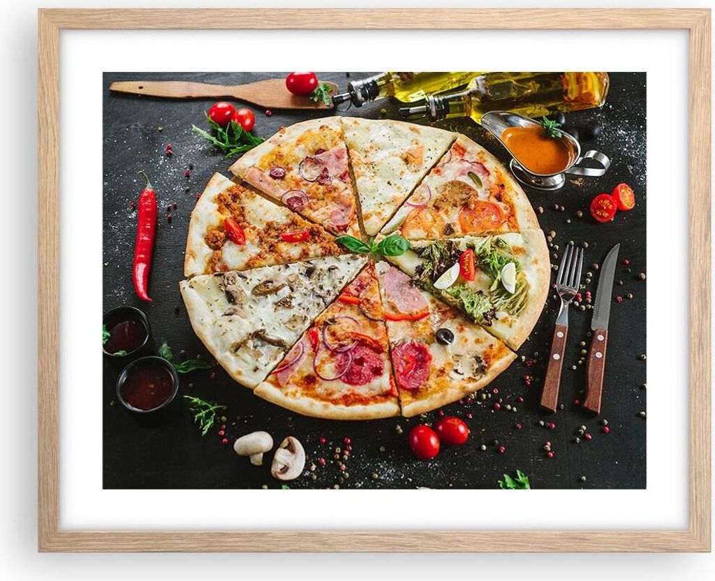 Gerahmtes Poster - Rahmen in heller Eiche - Pizza Käse Tomaten - 50x40 cm - Wand Bild - Wanddeko - Wandbilder - Wandposter - Bilderrahmen - Bilder...