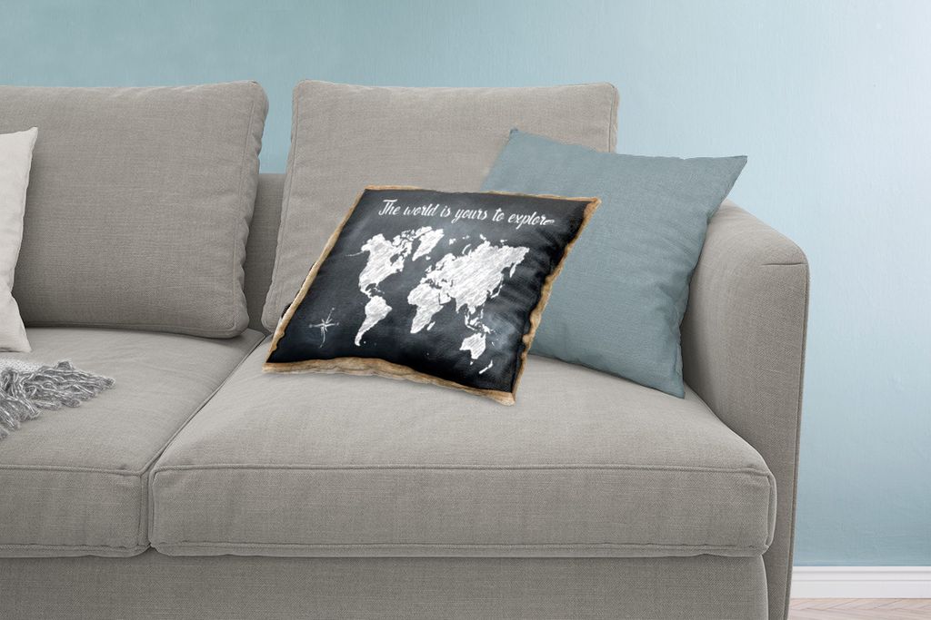 MuchoWow Zierkissen Sofakissen Wohnzimmer Dekokissen 60x40 cm Weltkarte - Weiß - Kreidetafel - Kopfkissen - Polster mit Foto