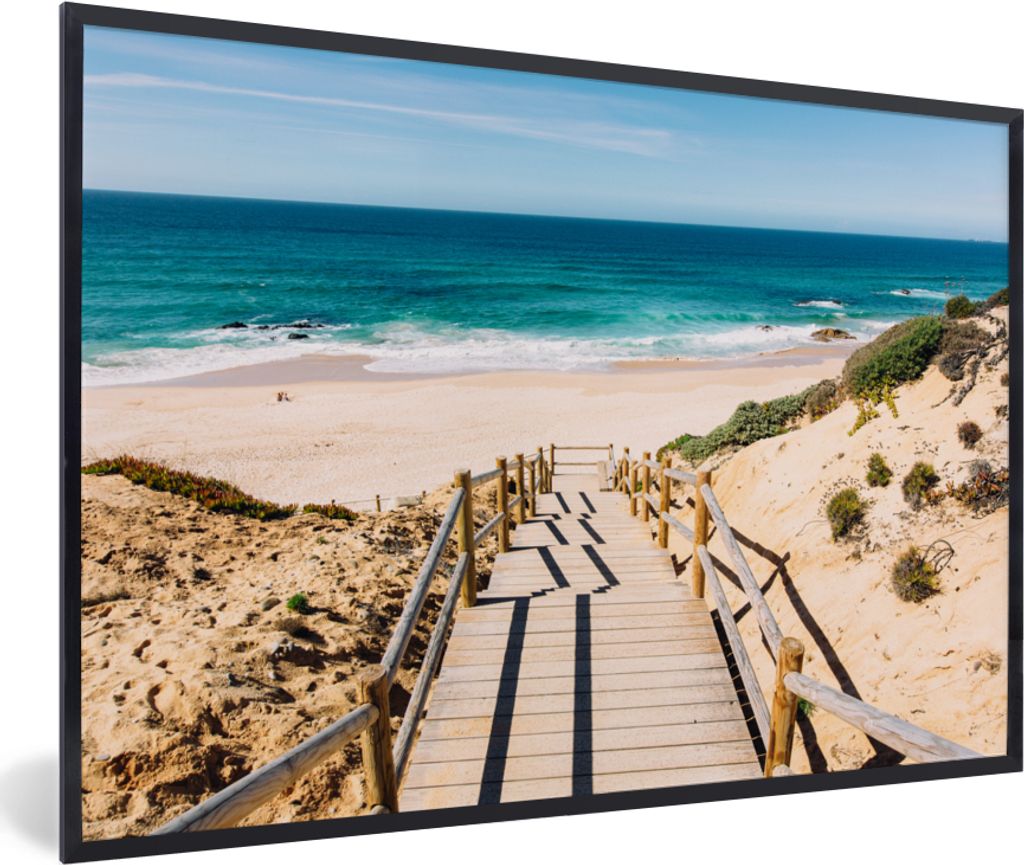 MuchoWow MuchoWow Gerahmtes Poster Strand - Treppe - Portugal 90x60 cm - Poster mit zchwarzem Bilderrahmen - Fotorahmen - Foto-Plakat