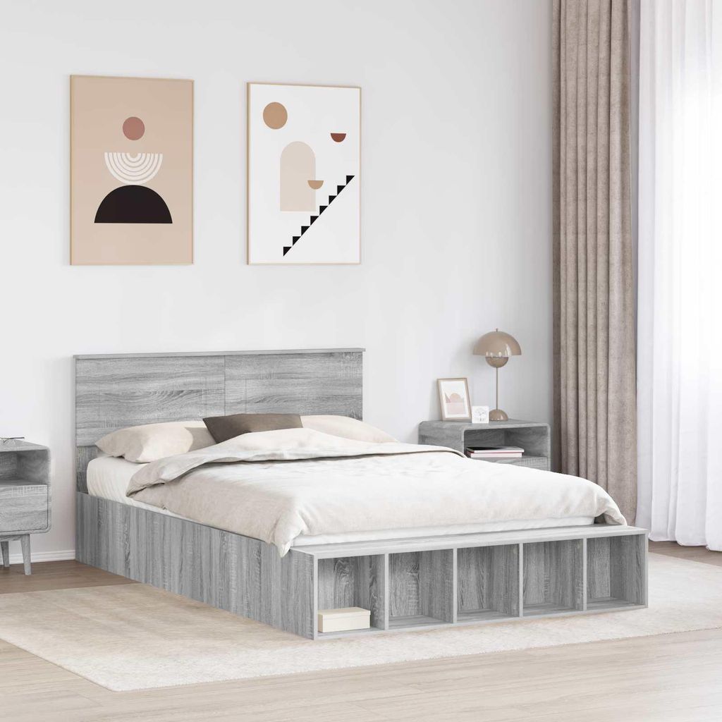 Cloris Designermöbel Bettrahmen mit Regal Graues Sonoma 140 x 200cm Holzwerkstoff - 2026Neu622373 - Klassische BettenJugendbett Tagesbett