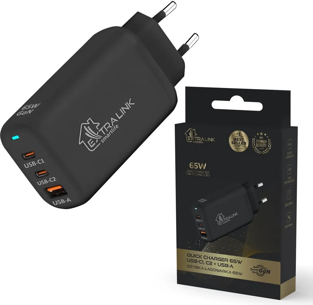 Caricatore da Viaggio 65W GaN Extralink | Universale USB-C e USB-A
