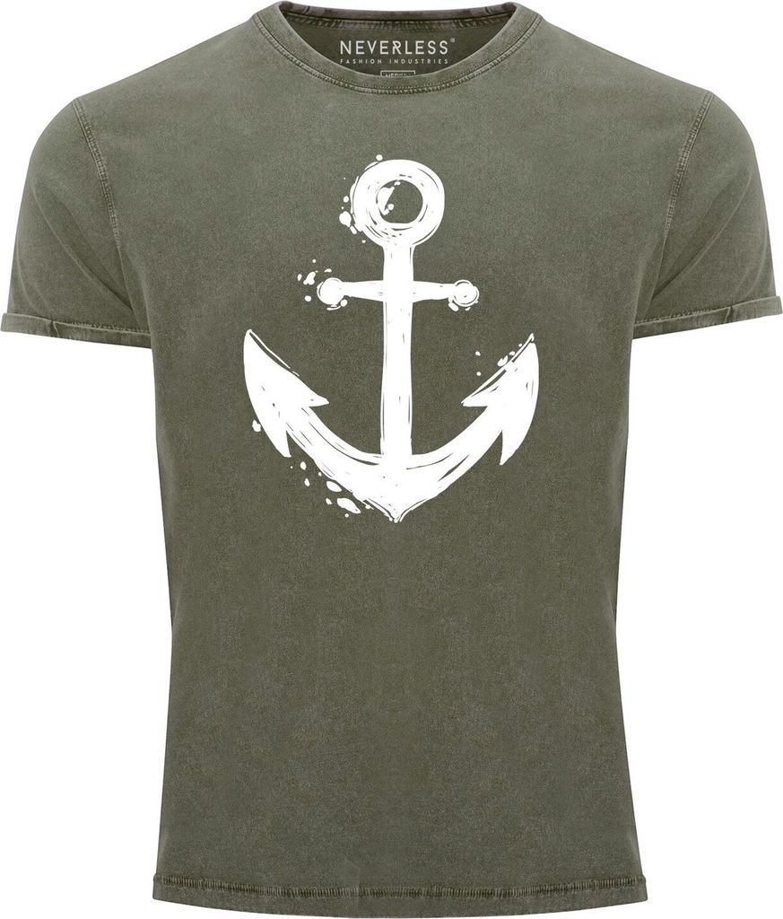 Herren Vintage Shirt mit Anker Motiv Printshirt T-Shirt Aufdruck Used Look Slim Fit Neverless oliv 3XL