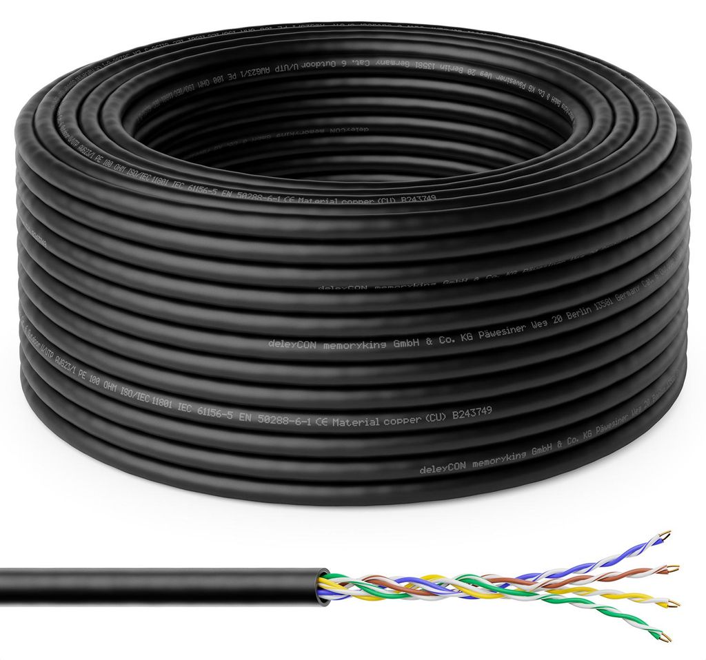 deleyCON 10m CAT6 Outdoor Verlegekabel Netzwerkkabel 1000 Mbit GIGABIT - Kupfer (CU) Starr Installationskabel LAN Ethernet Kabel Datenkabel Außenb...