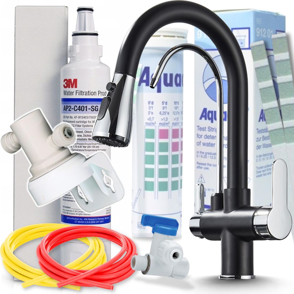 Ari Nordic 3-Wege Küchenarmatur Schwarz Chrom Ausziehbar mit 3M AP2-C405-SG Trinkwasserfilter Untertisch Wasserfiltersystem