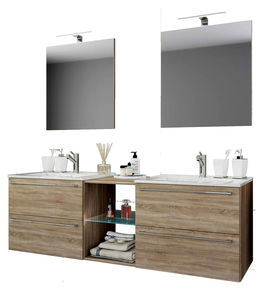 3-teiliges Set | 2 Waschtische, 2 Spiegel, 2 Waschbecken, 1 Mittelfach | Keramik Waschbecken | Unterschrank 155 cm | Badmöbel Set Doppelwaschplatz