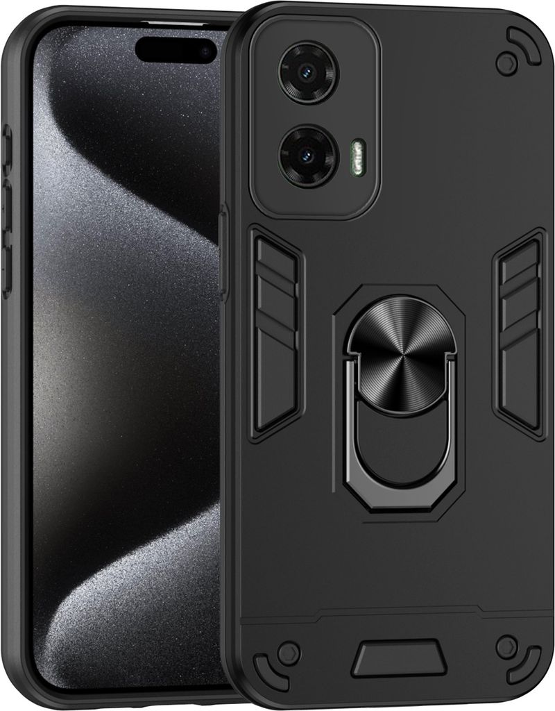 Für Motorola Moto G35 Armor Magnet Metall Ring PC Schutz Handy Hülle Schwarz