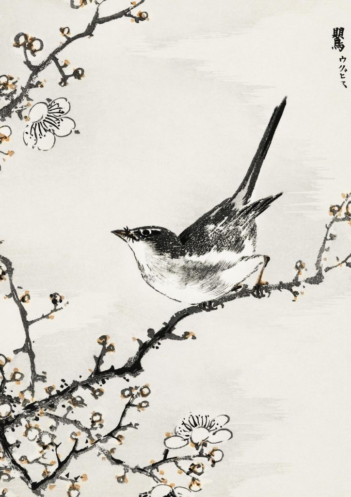 Plakat 59,4x84,1cm Bush-Warbler, Japanischer Vintage-Kasu für das Wohnzimmer