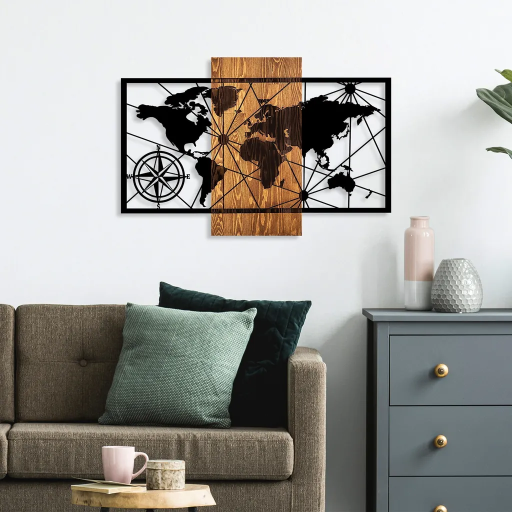 Wallity, Mappa del mondo 3-M, Accessorio decorativo da parete in legno, 100 % LEGNO / METALLO, Noce, 57 x 84 cm - 2