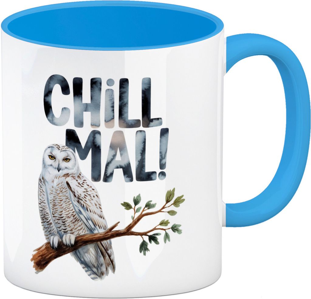 Entspannte Schneeeule Chill mal Kaffeebecher in hellblau