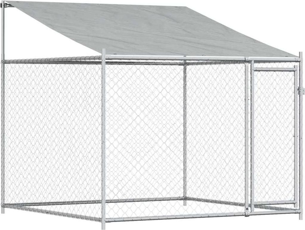 A dog kennel with a roof and door, made of galvanized steel.
