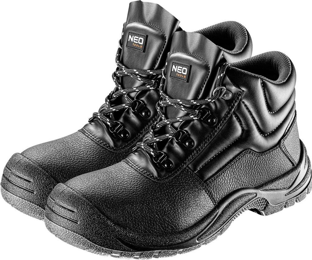 A pair of black work boots on a white background.
