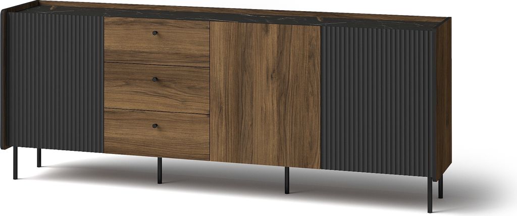 Breite Kommode geriffelt PRESTIGO 200 cm Schwarz + Nussbaum
