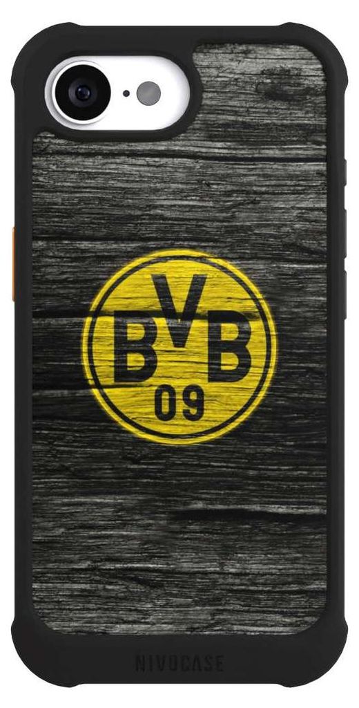 NIVOCASE Hülle für Apple iPhone 16e Stoßfeste Handyhülle NIVOmax Case Schwarz BVB Borussia Dortmund Holzoptik