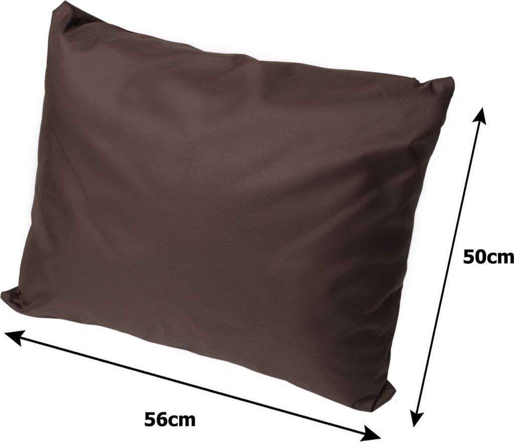 A brown cushion with dimensions indicated.