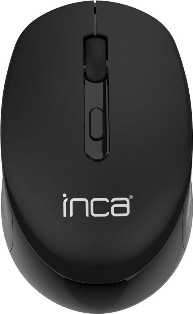 A black wireless computer mouse is shown from a top-down perspective against a white background.