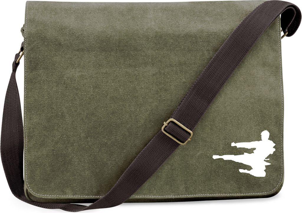 Huuraa Umhängetasche Karate Silhouette 14 Liter Military Green Canvas Laptoptasche Geschenkidee