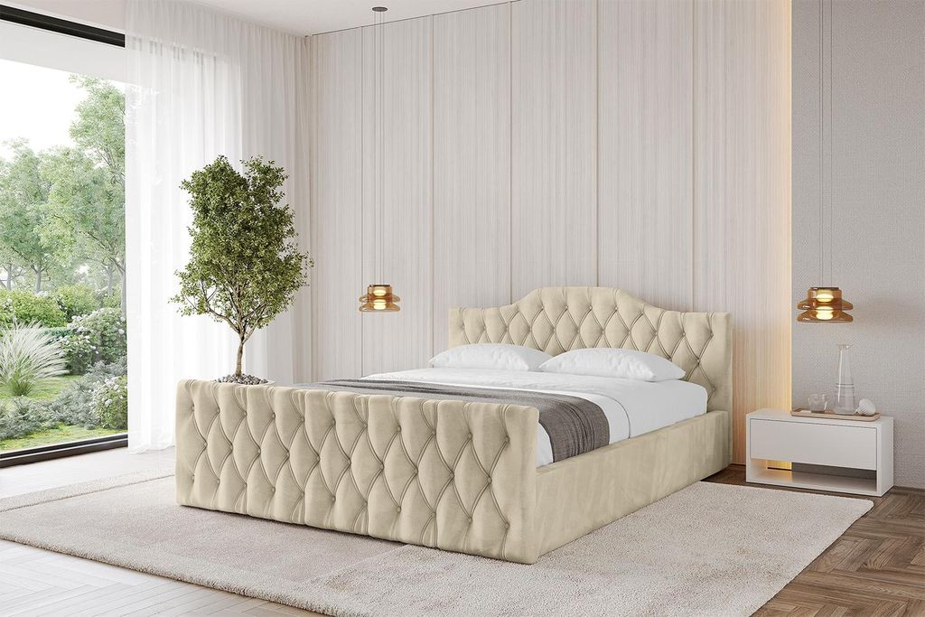 ALTDECOR Polsterbett mit Bettkasten - FALIO-Z-v1 - 140x200 Beige - Bett mit Kopfteil und Fußteil, Boxbett ohne Matratze, Doppelbett mit Stauraum