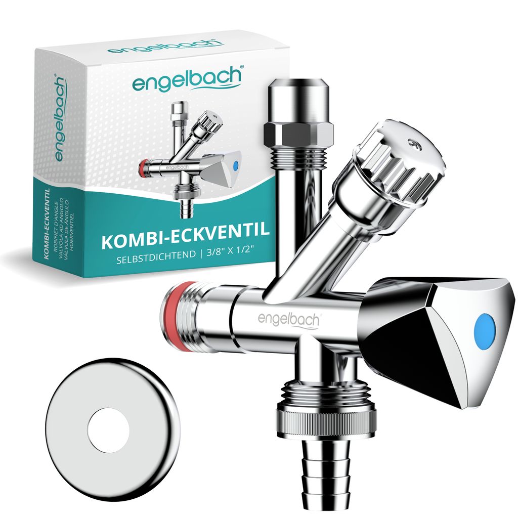 Engelbach Universal Kombi Eckventil 1/2 Zoll selbstdichtend mit Rückflussverhinderer | Kombinations-Eckventil für Kalt- und Warmwasserleitungen