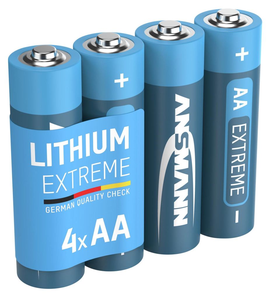 Four AA batteries are arranged in a row, with the front two batteries partially covered by a blue label.