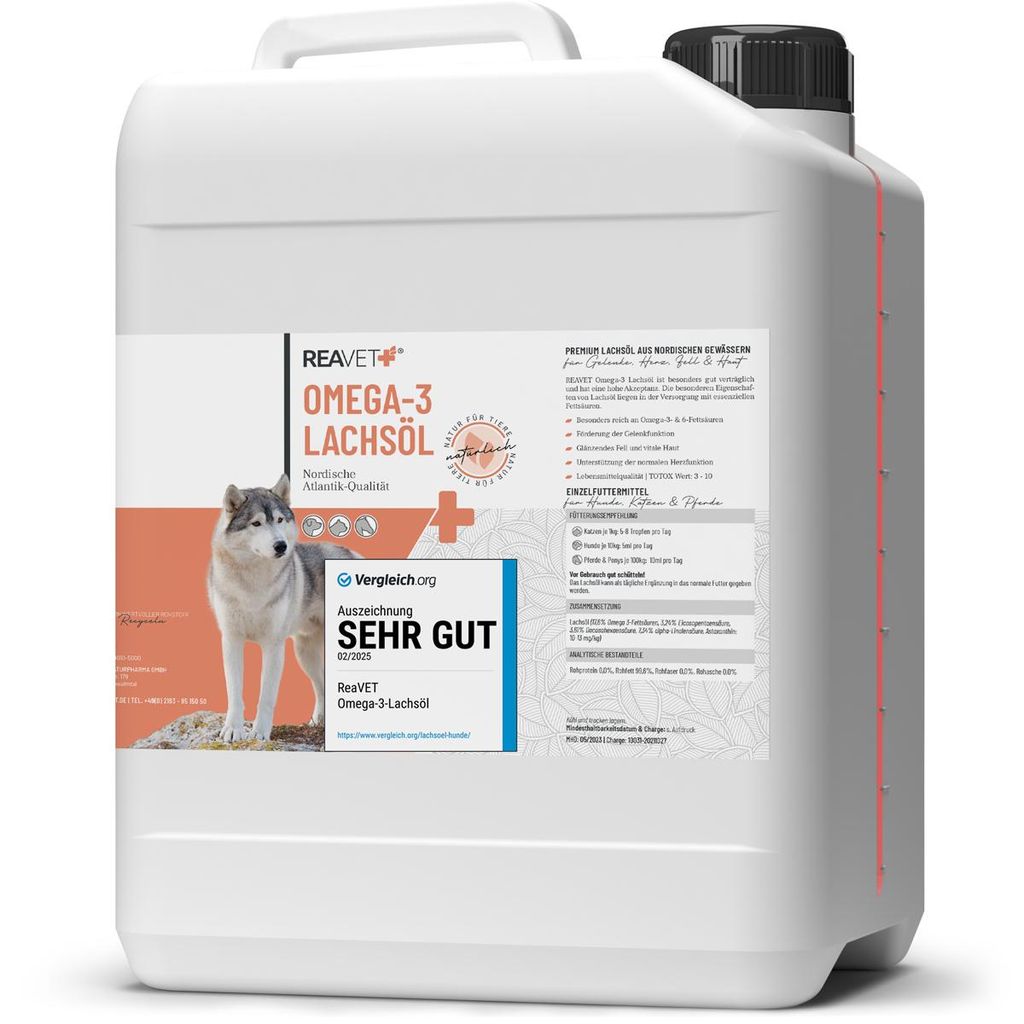 REAVET Lachsöl Hunde, Pferde 5-Liter-Kanister - Reich an Omega 3 & 6, Fischöl Hund 5L I Echte Lebensmittelqualität ohne Zusätze I Frisch abgef...