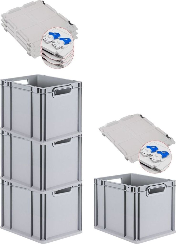 SuperSparSet 4x Eurobox NextGen Grip mit Scharnierdeckel und blauen Schiebeschnappverschlüssen | HxBxT 32x30x40cm | 30 Liter | Griffe offen | Glat...