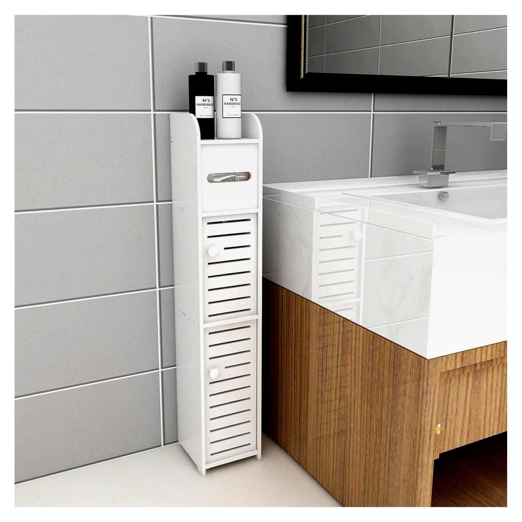 Freistehender Badezimmerschrank, kleiner Schrank für die Toilette, Aufbewahrungsmöbel, verstellbares Regal, Halterung für Toilettenpapier (17 x ...