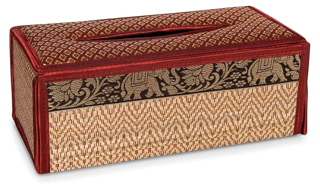 Kosmetiktücherbox aus natürlichem Bast mit Elefantenmuster - Tuchspender für Taschentücher und Kosmetiktücher - Hergestellt in Thailand (Rot/G...