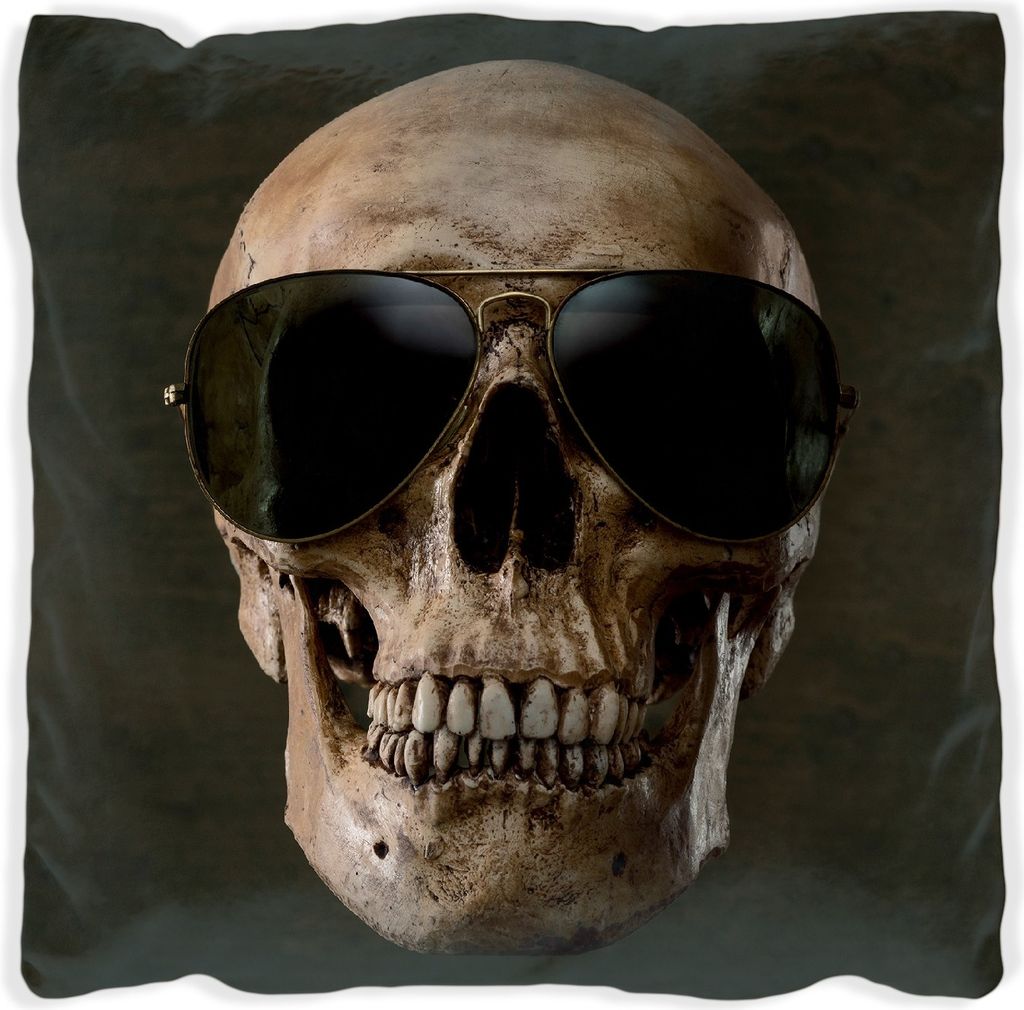 Wallario Premium Kissen, weiche Oberfläche, mit Motiv Totenschädel mit cooler Sonnenbrille, Größe: 40 x 40 cm, mit weißer Rückseite