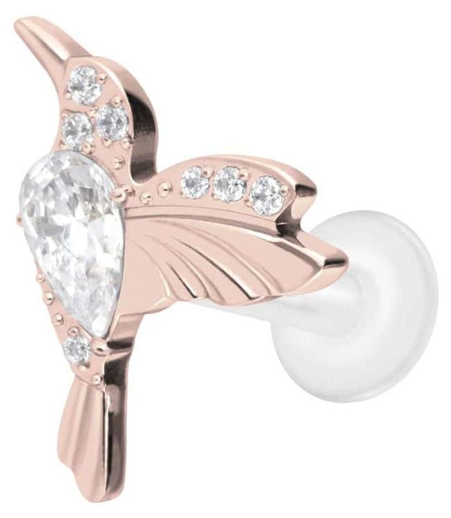 Ohrpiercing, Nasenpiercing PTFE Labret mit Innengewinde + Titan-Aufsatz KOLIBRI RoséGold Stablänge: 10mm | Stabstärke: 1,6mm
