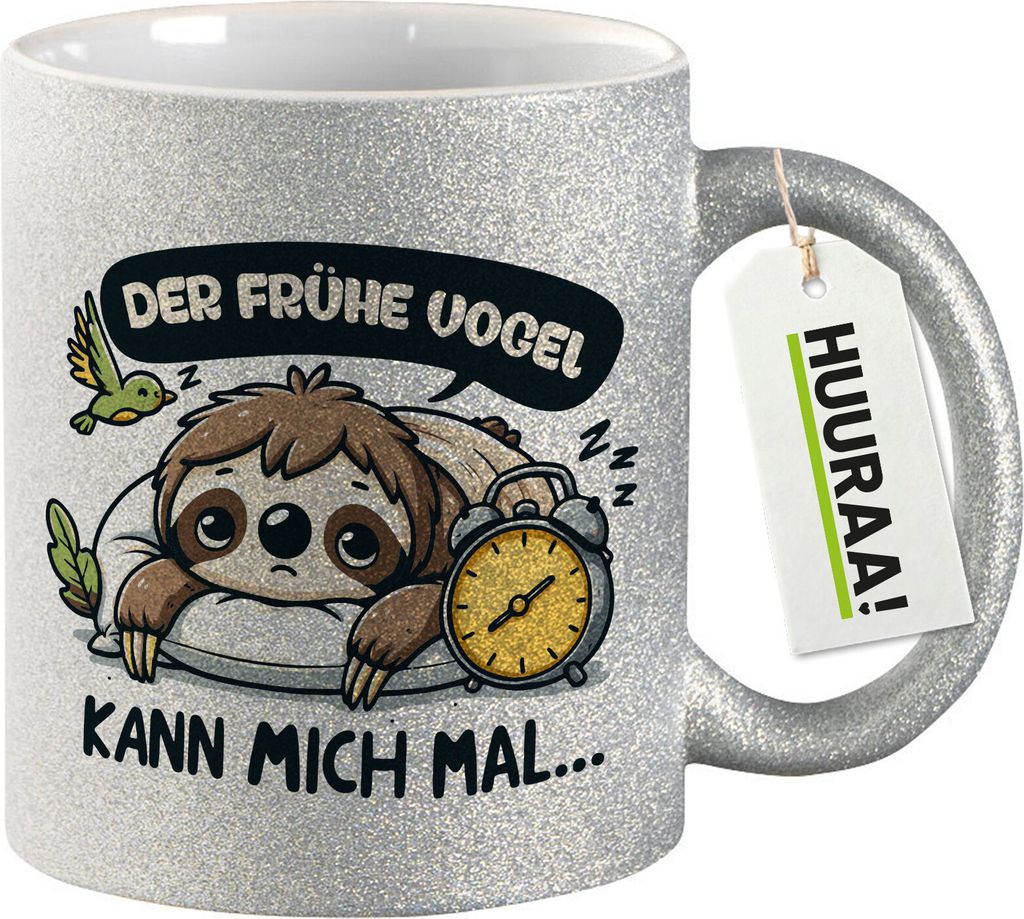 Huuraa Glitzertasse Der frühe Vogel kann mich mal Faultier 330ml Silber Keramik Kaffeebecher Geschenkidee