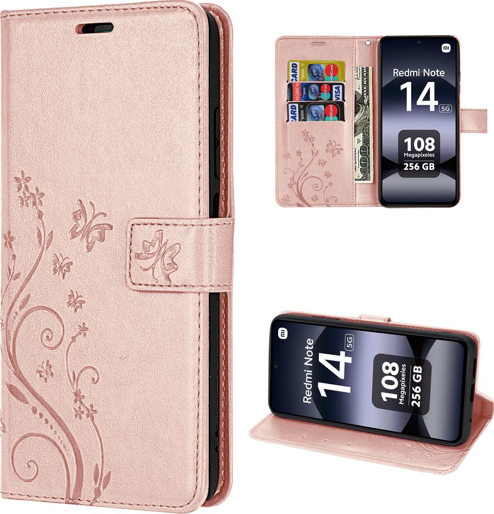 Hülle für Xiaomi Redmi Note 14 5G, Handy Tasche Handyhülle Wallet Case Flip Cover in Rosegold