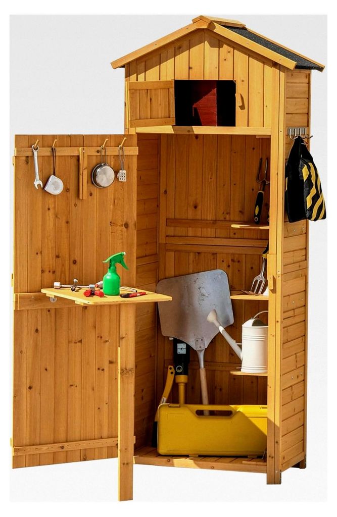 Holzgerätehaus, wetterfester Gartenschrank für den Außenbereich, Geräteschuppen mit faltbarem Tisch und 8 Haken, Gartenhaus mit Satteldach, Hol...