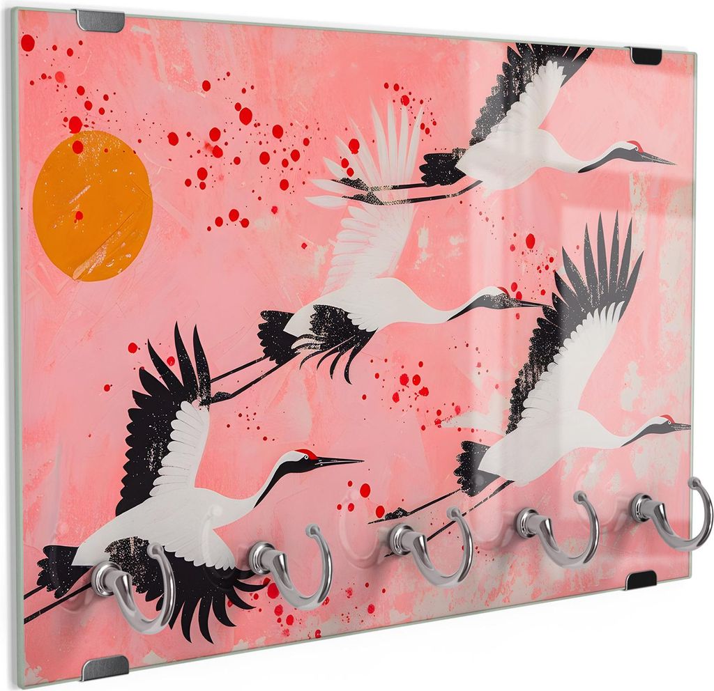 DEQORI Schlüsselbrett Glas 30x20 cm 'Tanz der Kraniche' Schlüssel Halter Board Haken