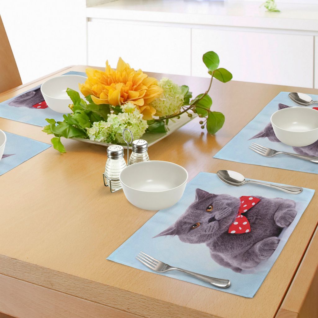 ABAKUHAUS Katze Platzmatten, Tuxedo Grau Scottish Fold Theme mit Vermilion weiße Tupfen Krawatte Bogen-Baby-Blau-Spaß, Tiscjdeco aus Farbfesten S...