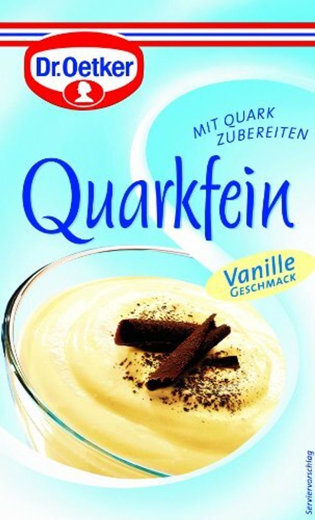 A product package for Dr. Oetker Quarkfein Vanilla, showing a serving suggestion of the product in a glass.