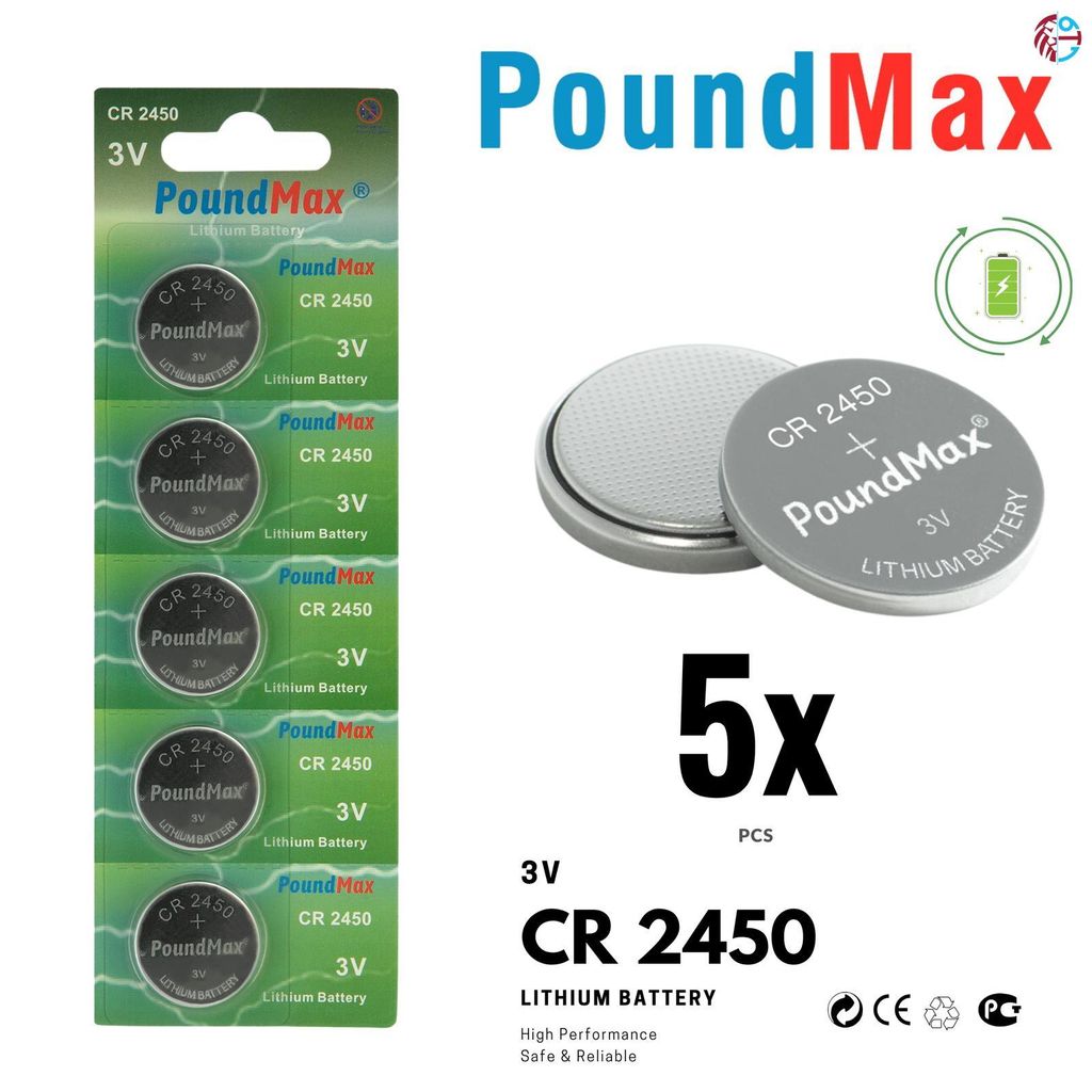5 x CR2450 PoundMax Knopfbatterie CR2450 Lithium 3 Volt 850 mAh 5er-Blister