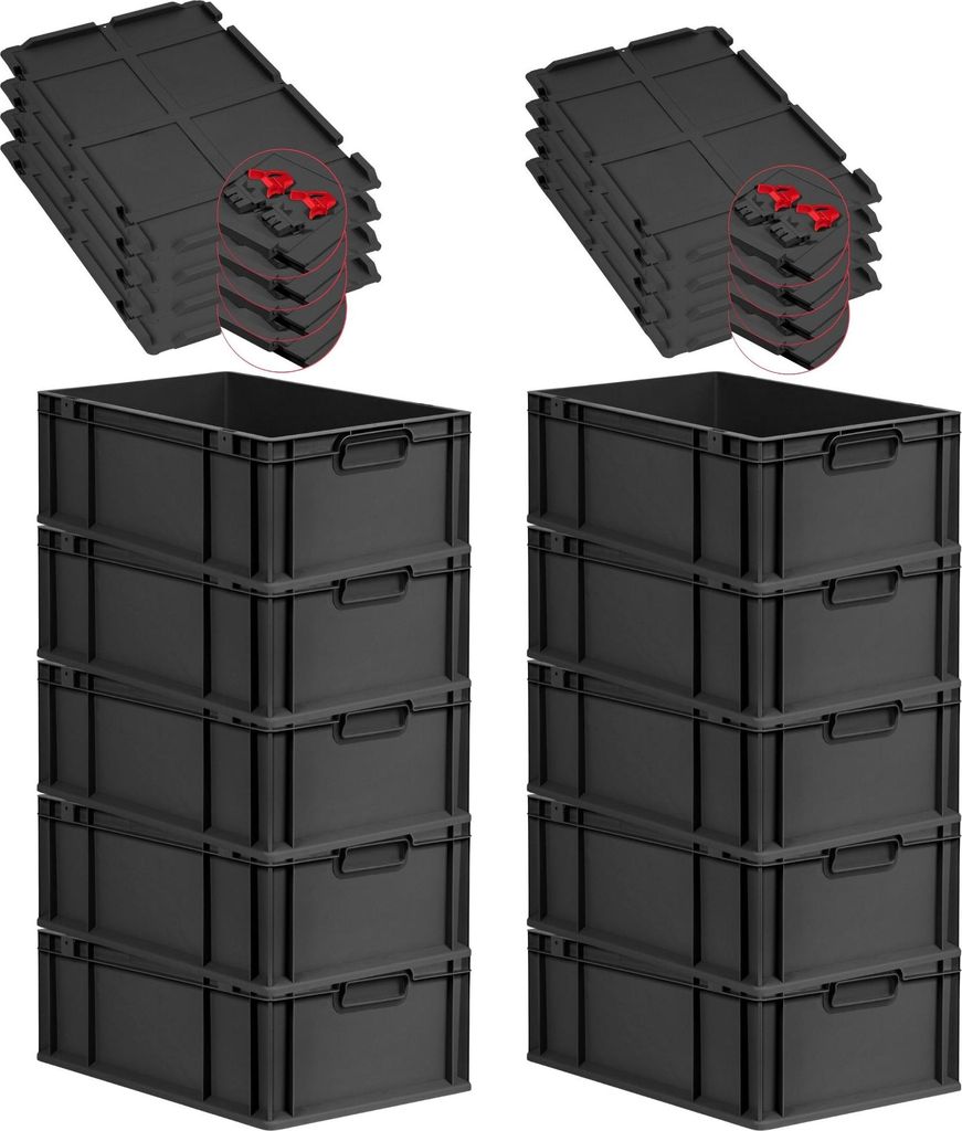 SuperSparSet 10x Eurobox NextGen Grip mit Scharnierdeckel und roten Schiebeschnappverschlüssen | HxBxT 22x40x60cm | 44 Liter | Schwarz | Griffe ge...