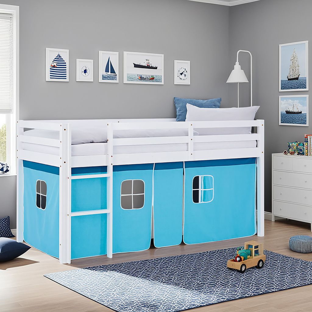 Homestyle4u Hochbett 90x200 mit Rutsche Vorhang Blau Junge Kinderbett Weiß Holz Kiefer Massiv Spielbett